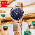 OLEVS Women Beatiful Mini Quartz WristWatch Ladies Steel Watches Sapphire blue Gold Steel Mesh Ultra Thin Watches For  Dressing